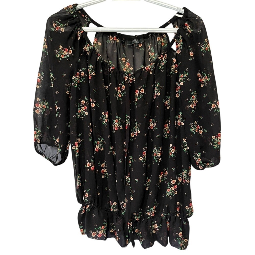 GUESS Floral Print Sheer Off Shoulder Blouse Top Black Red Women's Size S